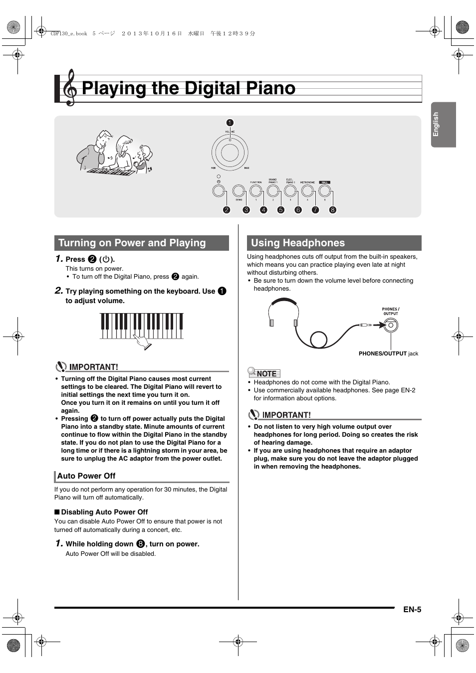 Playing the digital piano, Turning on power and playing, Using headphones | Casio CDP-130 User Manual | Page 7 / 20