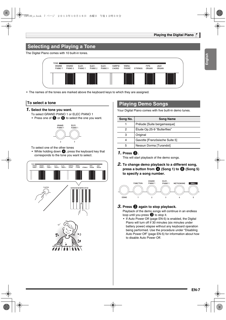 Selecting and playing a tone, Playing demo songs | Casio CDP-130 User Manual | Page 9 / 20