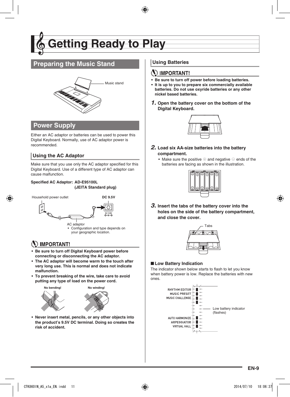 Getting ready to play, Preparing the music stand power supply | Casio CTK-860IN User Manual | Page 10 / 82