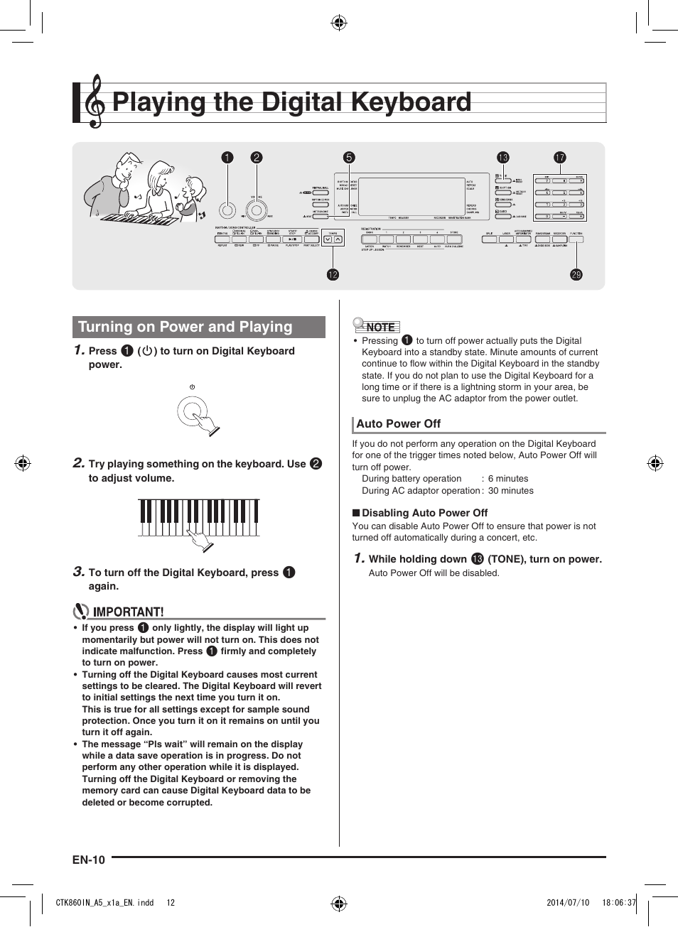 Playing the digital keyboard, Turning on power and playing | Casio CTK-860IN User Manual | Page 11 / 82