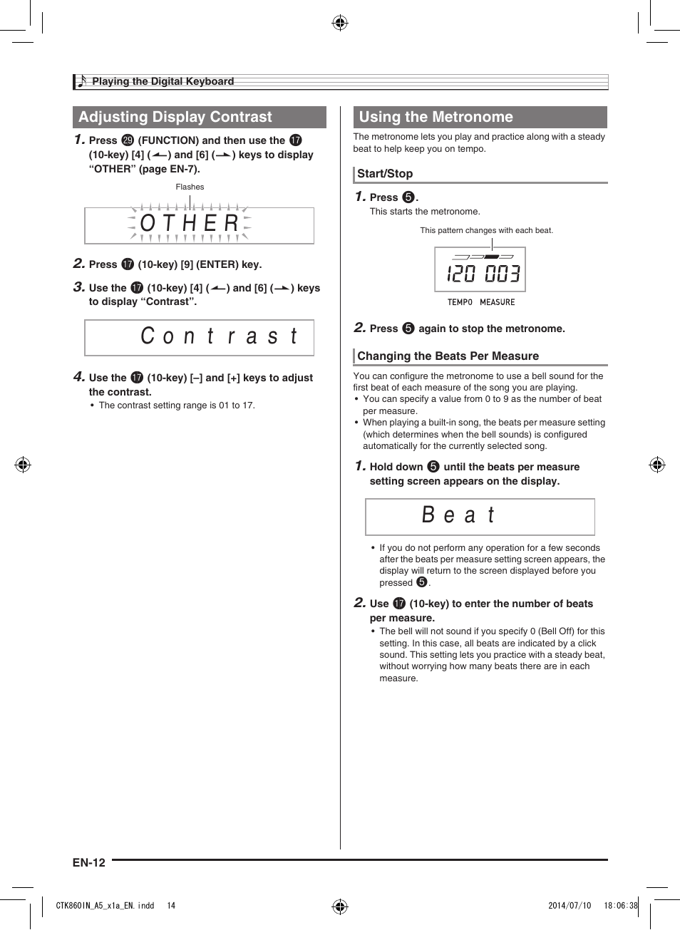 B e a t, Adjusting display contrast, Using the metronome | Casio CTK-860IN User Manual | Page 13 / 82