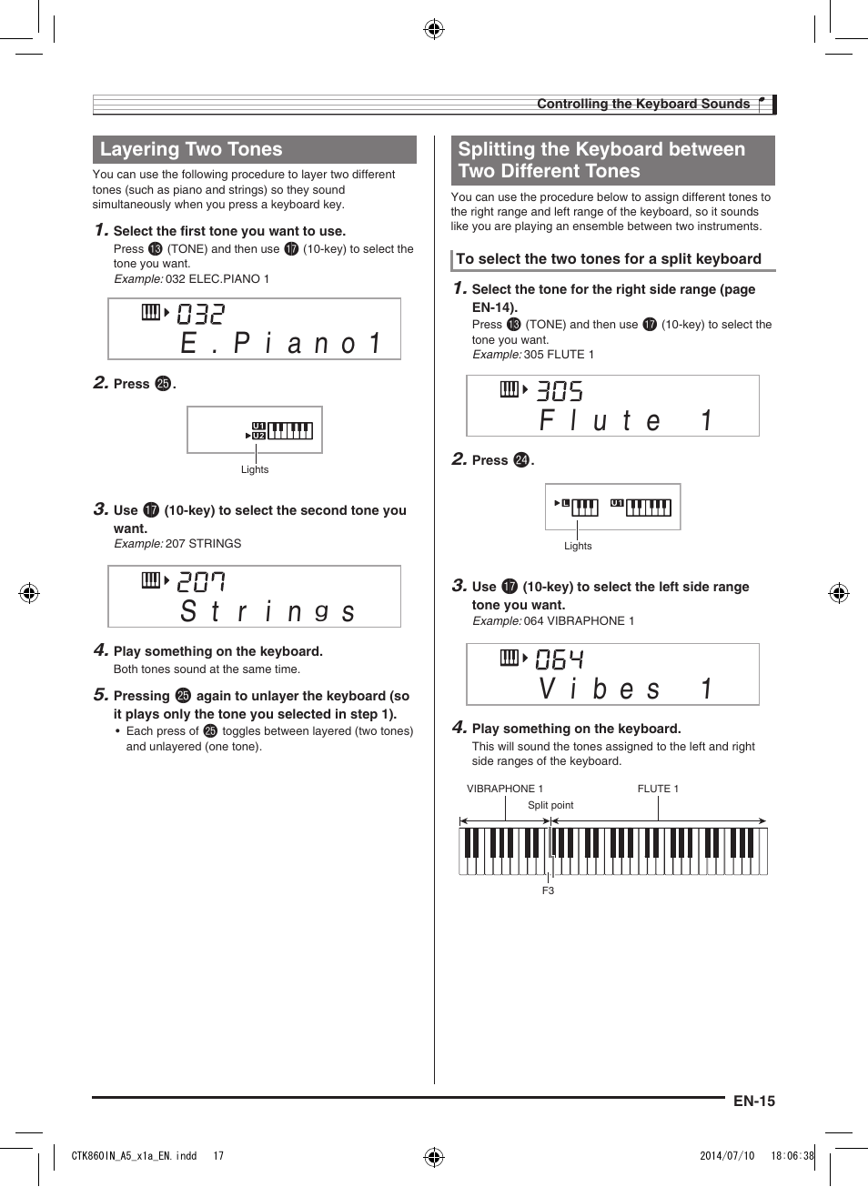 Layering two tones, Splitting the keyboard between two different tones | Casio CTK-860IN User Manual | Page 16 / 82