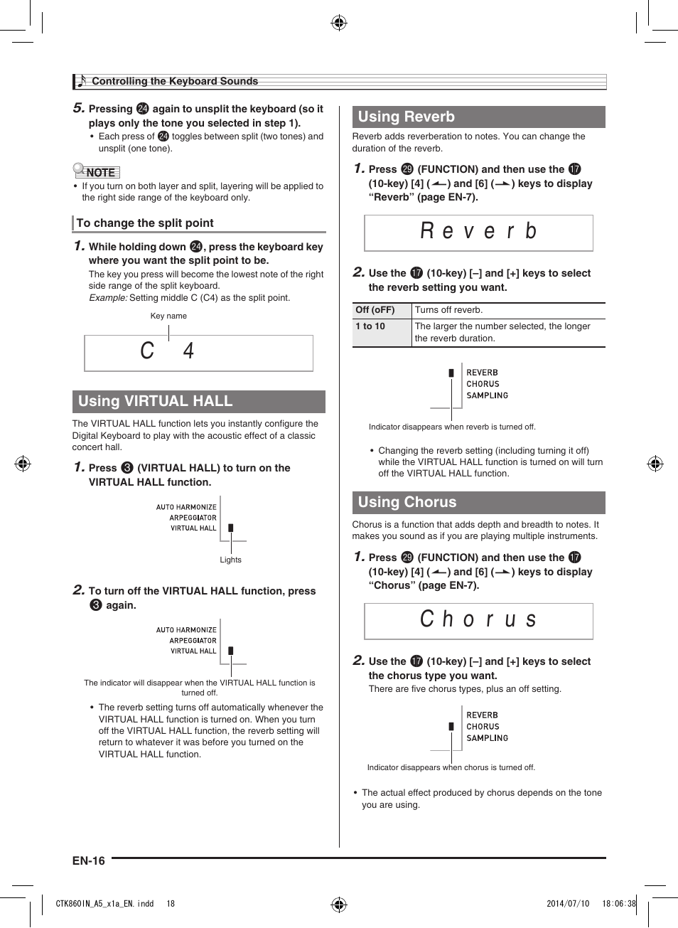 Using virtual hall, Using reverb, Using chorus | Casio CTK-860IN User Manual | Page 17 / 82