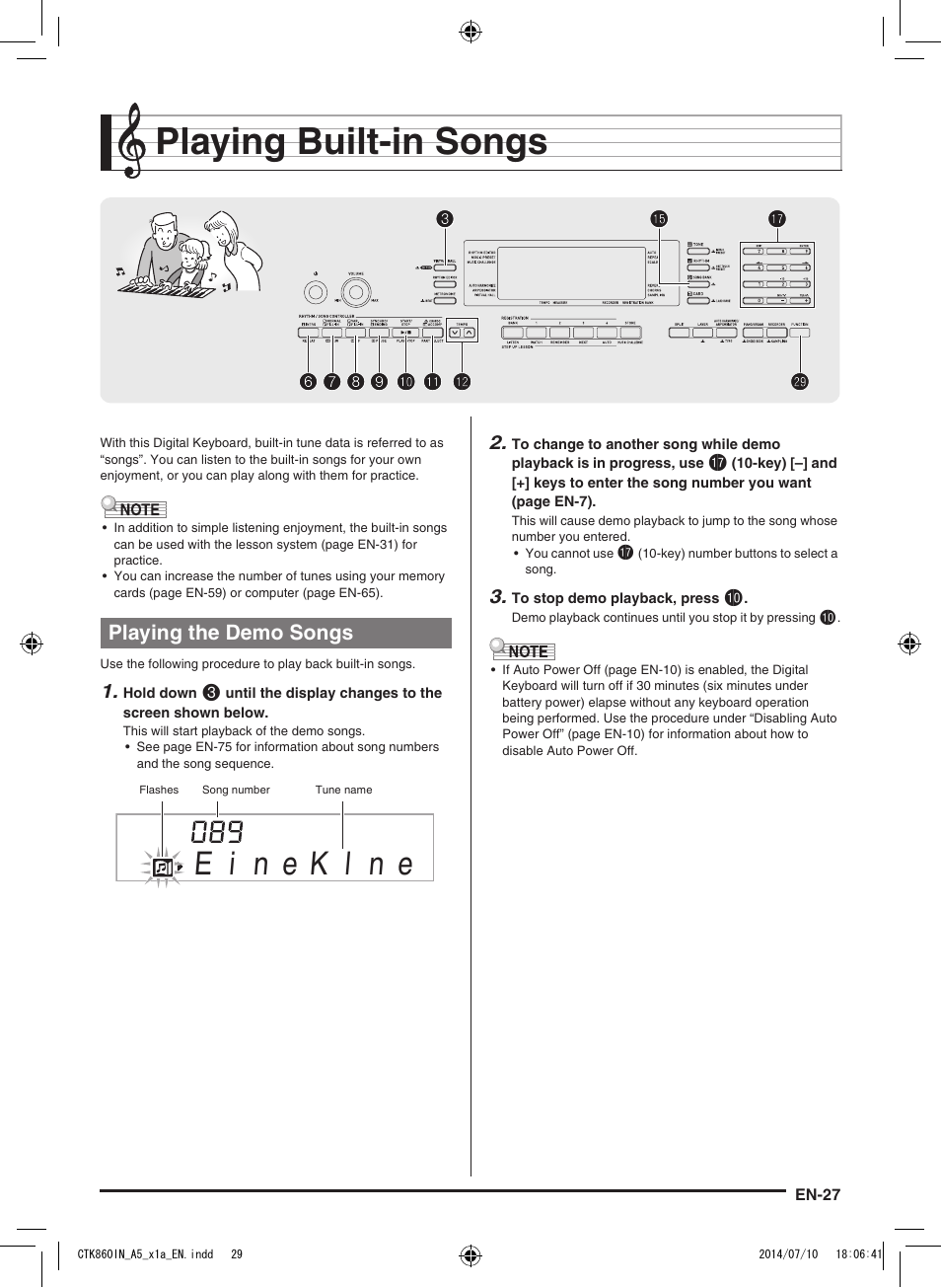 Playing built-in songs, Playing the demo songs | Casio CTK-860IN User Manual | Page 28 / 82