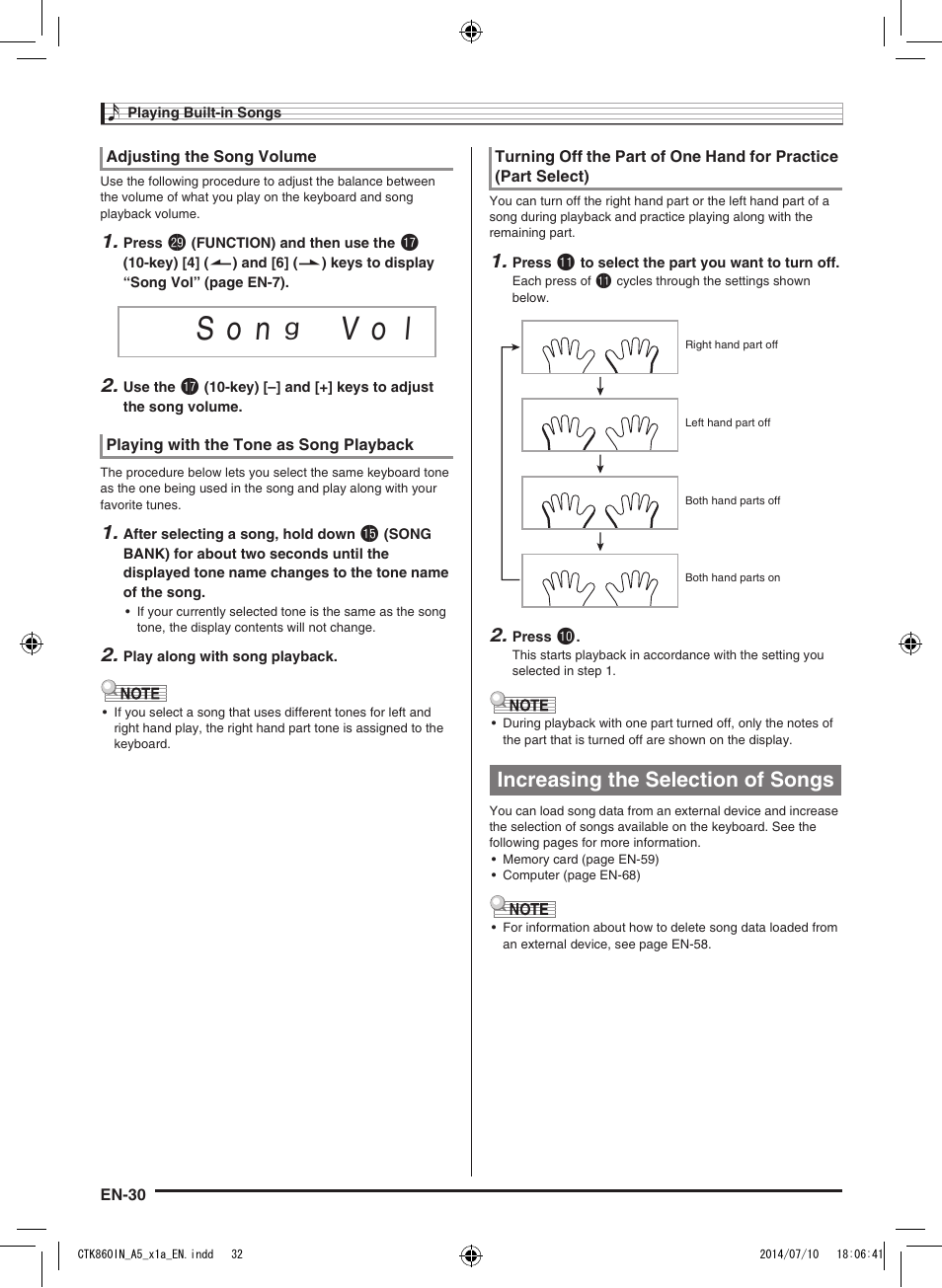 S o n, V o l, Increasing the selection of songs | Casio CTK-860IN User Manual | Page 31 / 82
