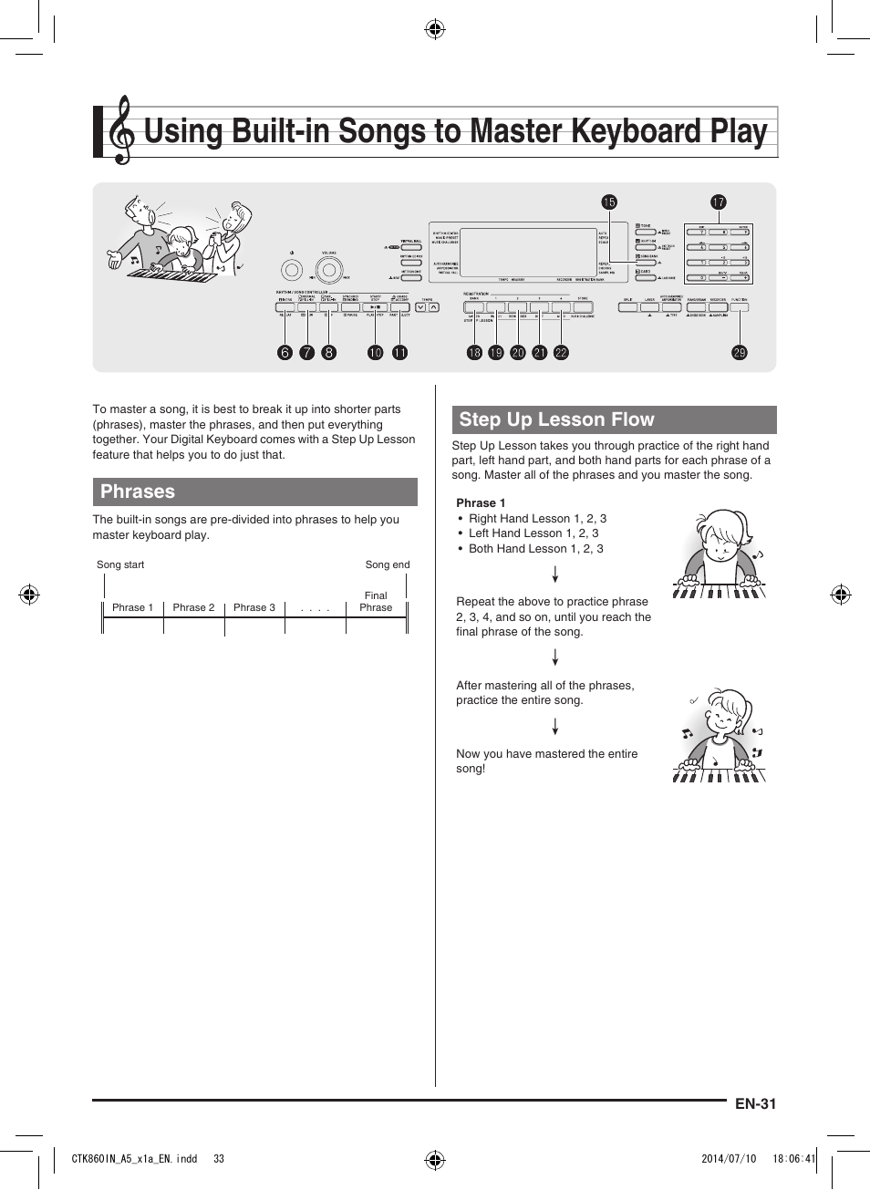 Using built-in songs to master keyboard play, Phrases, Step up lesson flow | Casio CTK-860IN User Manual | Page 32 / 82