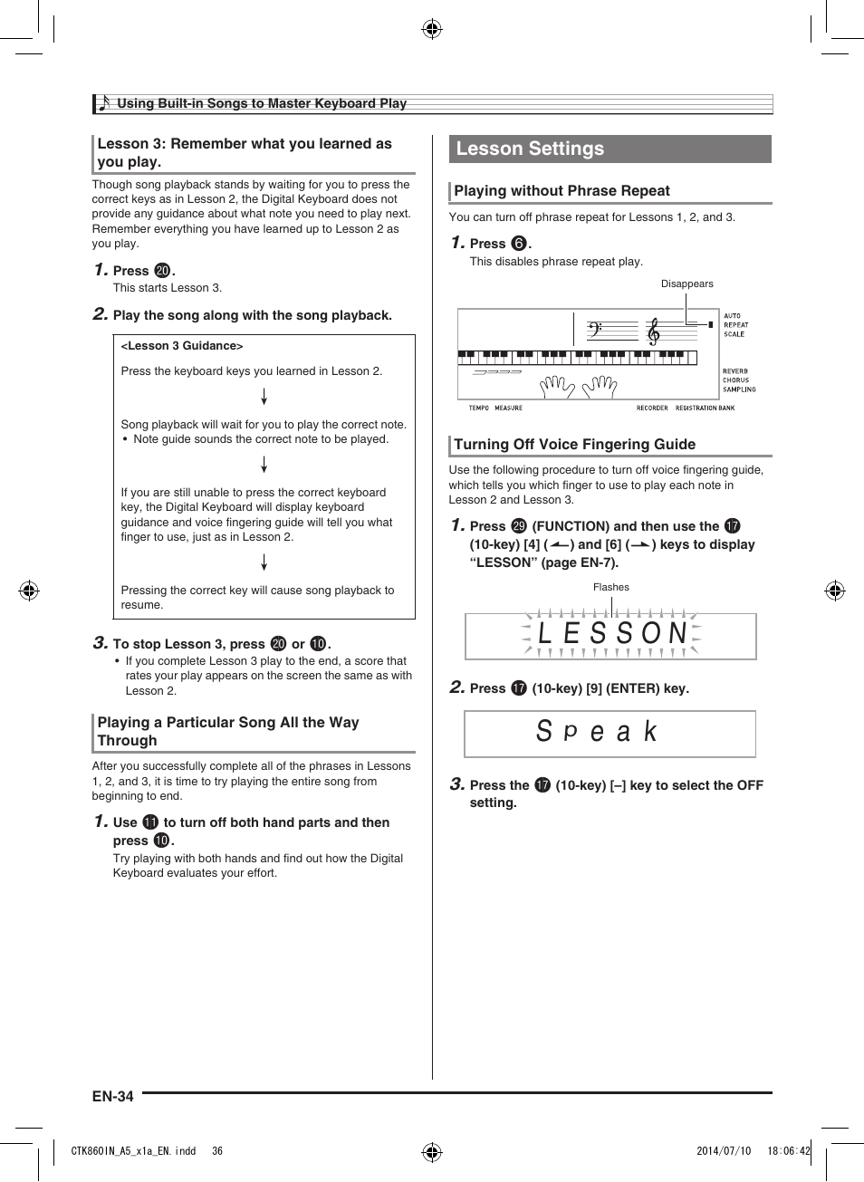 E a k, Lesson settings | Casio CTK-860IN User Manual | Page 35 / 82