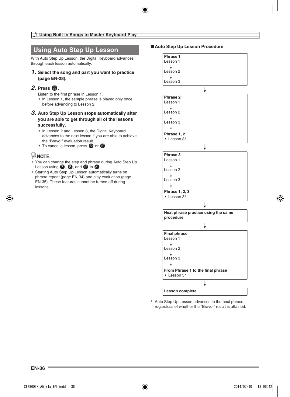Using auto step up lesson | Casio CTK-860IN User Manual | Page 37 / 82