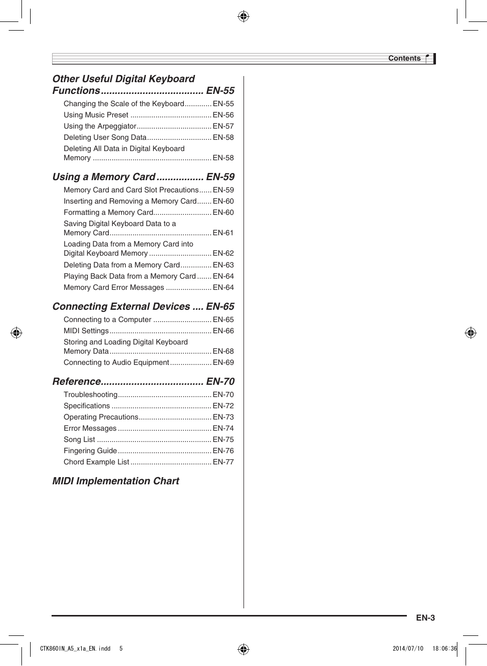 Connecting external devices .... en-65, Midi implementation chart | Casio CTK-860IN User Manual | Page 4 / 82