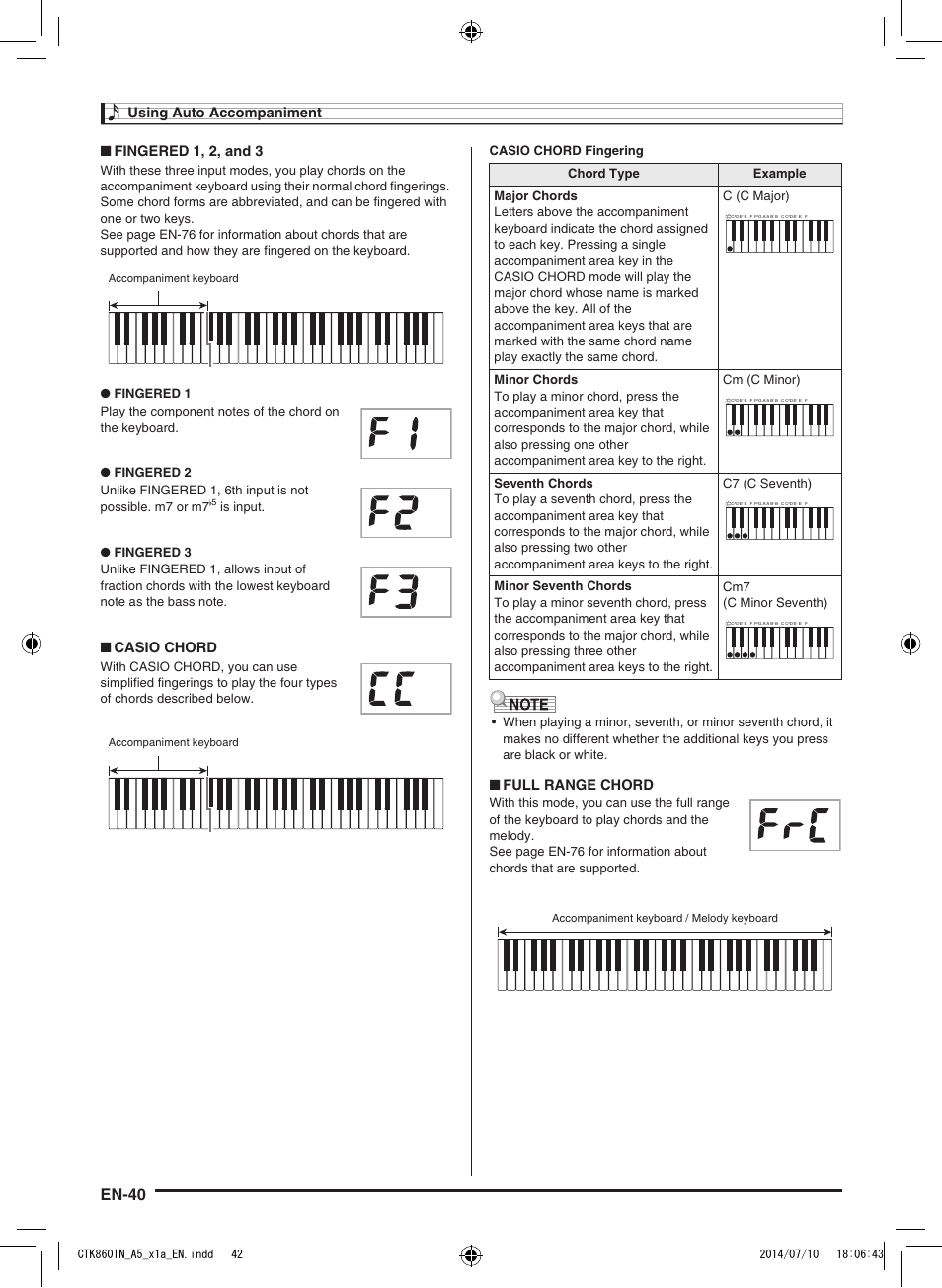 En-40, Using auto accompaniment, Fingered 1, 2, and 3 | Casio chord, Full range chord, Accompaniment keyboard, Accompaniment keyboard / melody keyboard | Casio CTK-860IN User Manual | Page 41 / 82