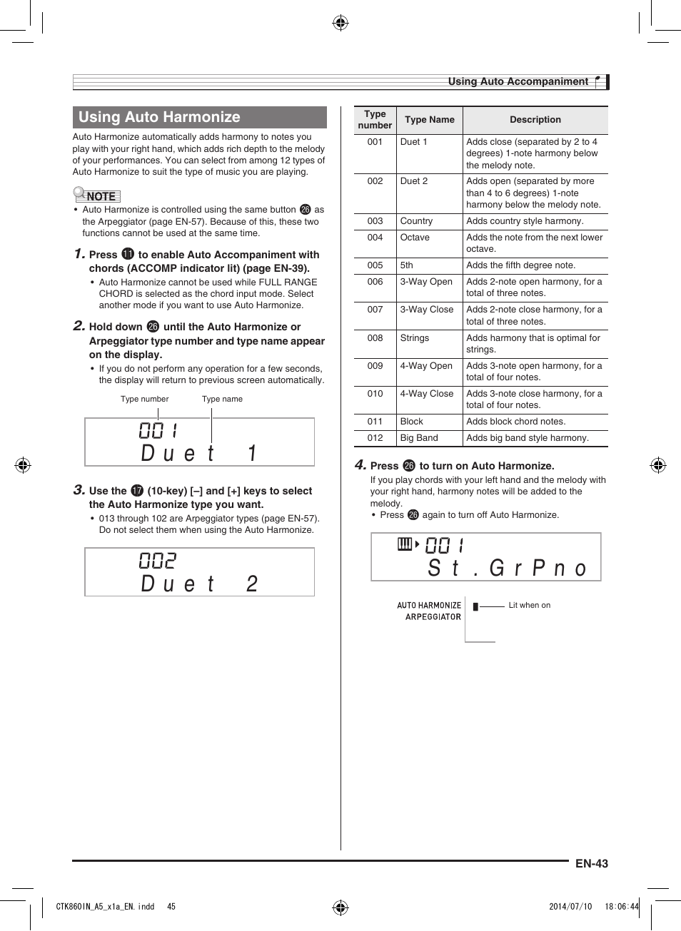 Using auto harmonize | Casio CTK-860IN User Manual | Page 44 / 82