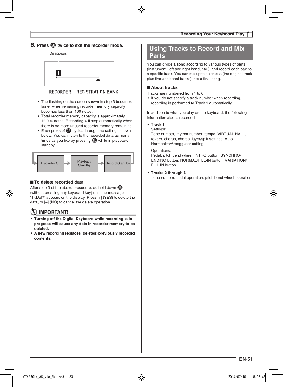 Using tracks to record and mix parts | Casio CTK-860IN User Manual | Page 52 / 82