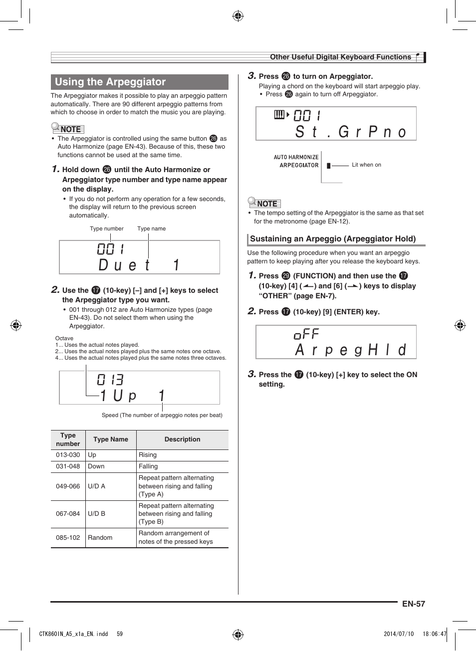 H l d, Using the arpeggiator | Casio CTK-860IN User Manual | Page 58 / 82