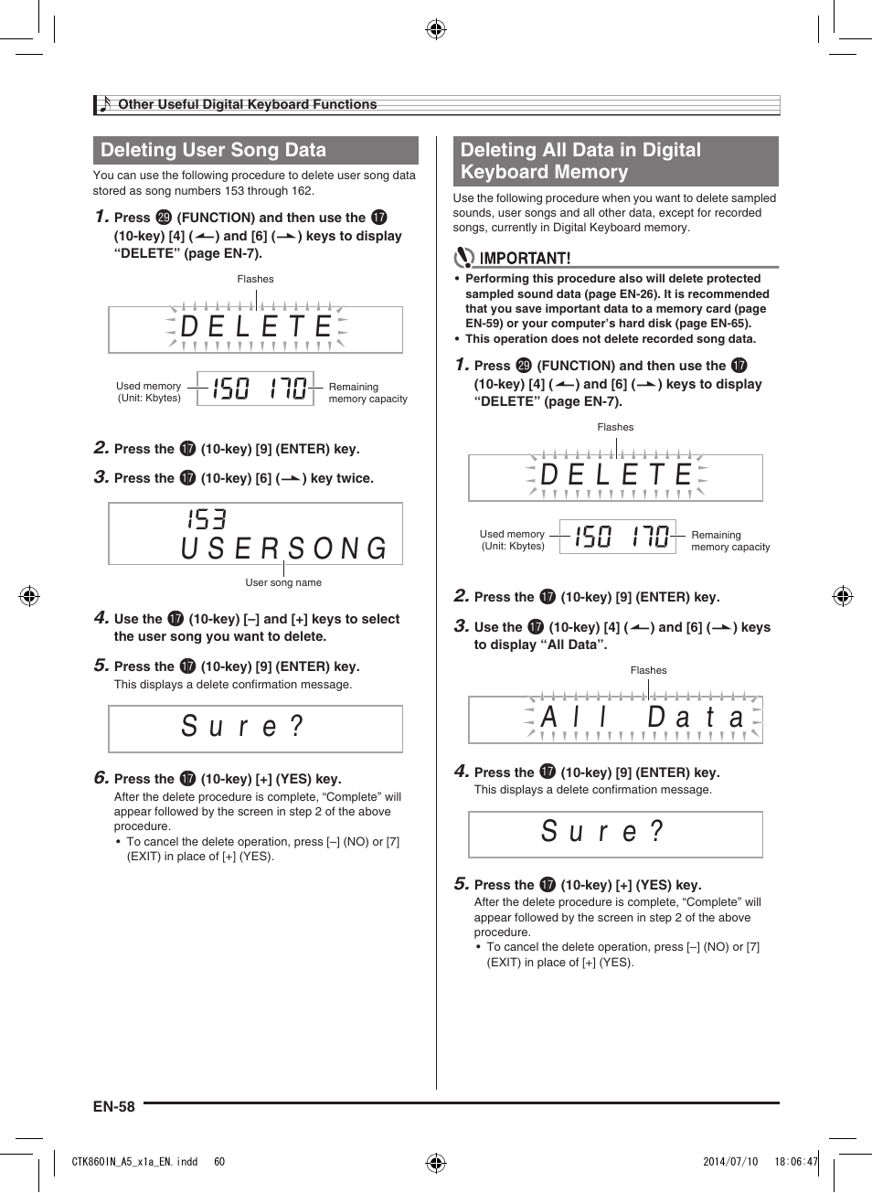 S u r e, Deleting user song data | Casio CTK-860IN User Manual | Page 59 / 82