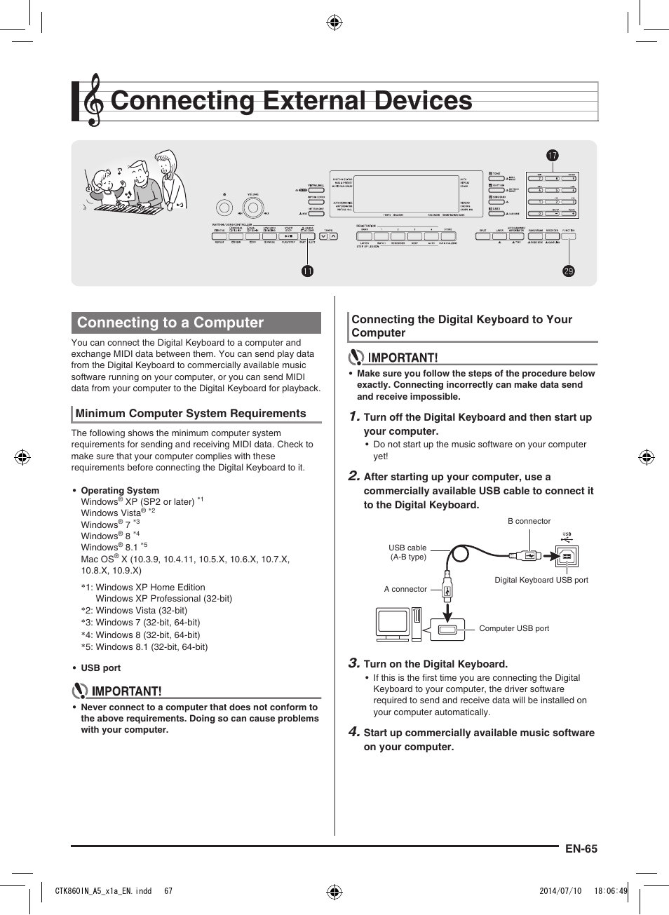 Connecting external devices, Br ct ct bl bl, Connecting to a computer | Casio CTK-860IN User Manual | Page 66 / 82