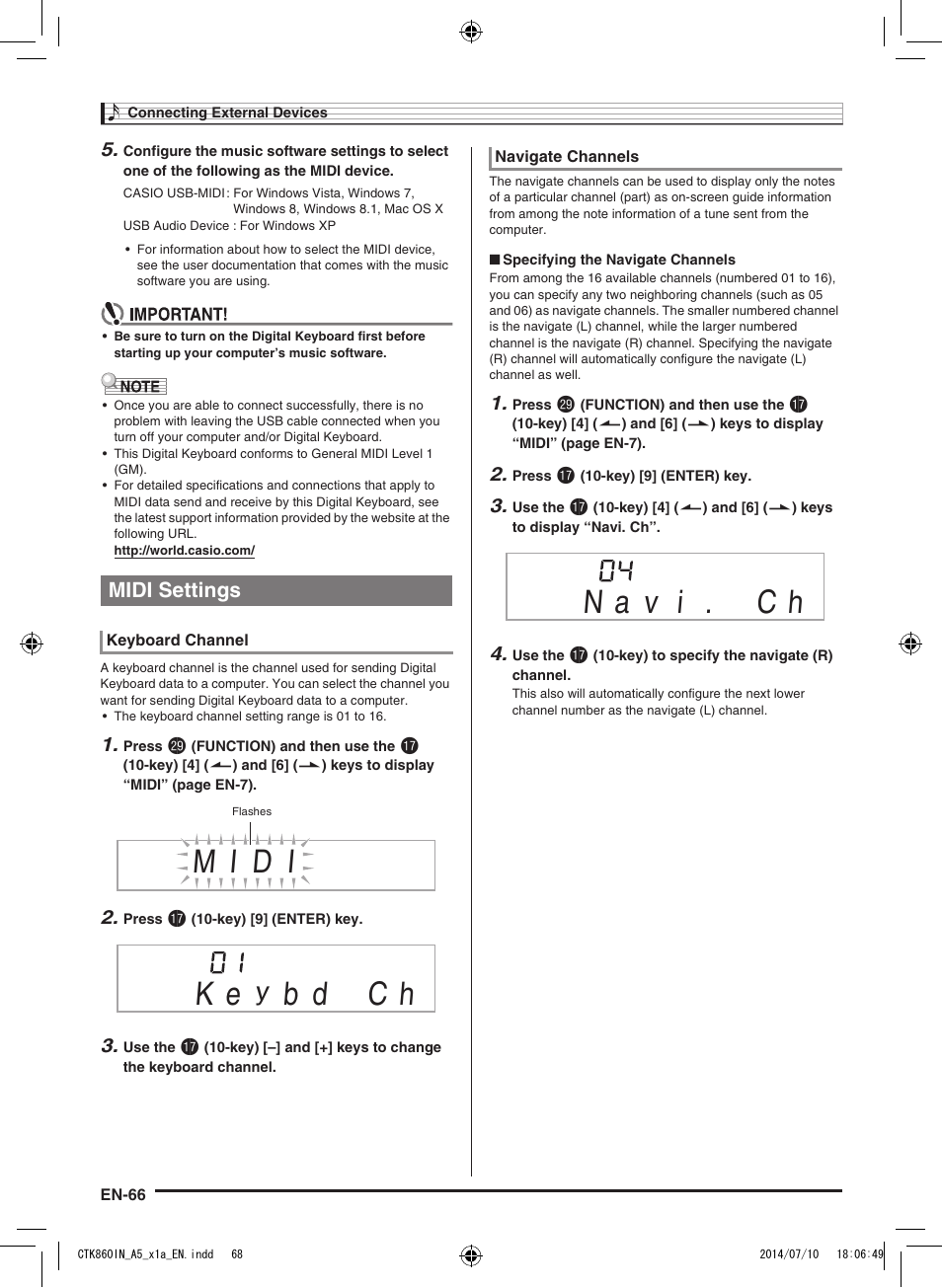 M i d i, B d c h, Midi settings | Casio CTK-860IN User Manual | Page 67 / 82