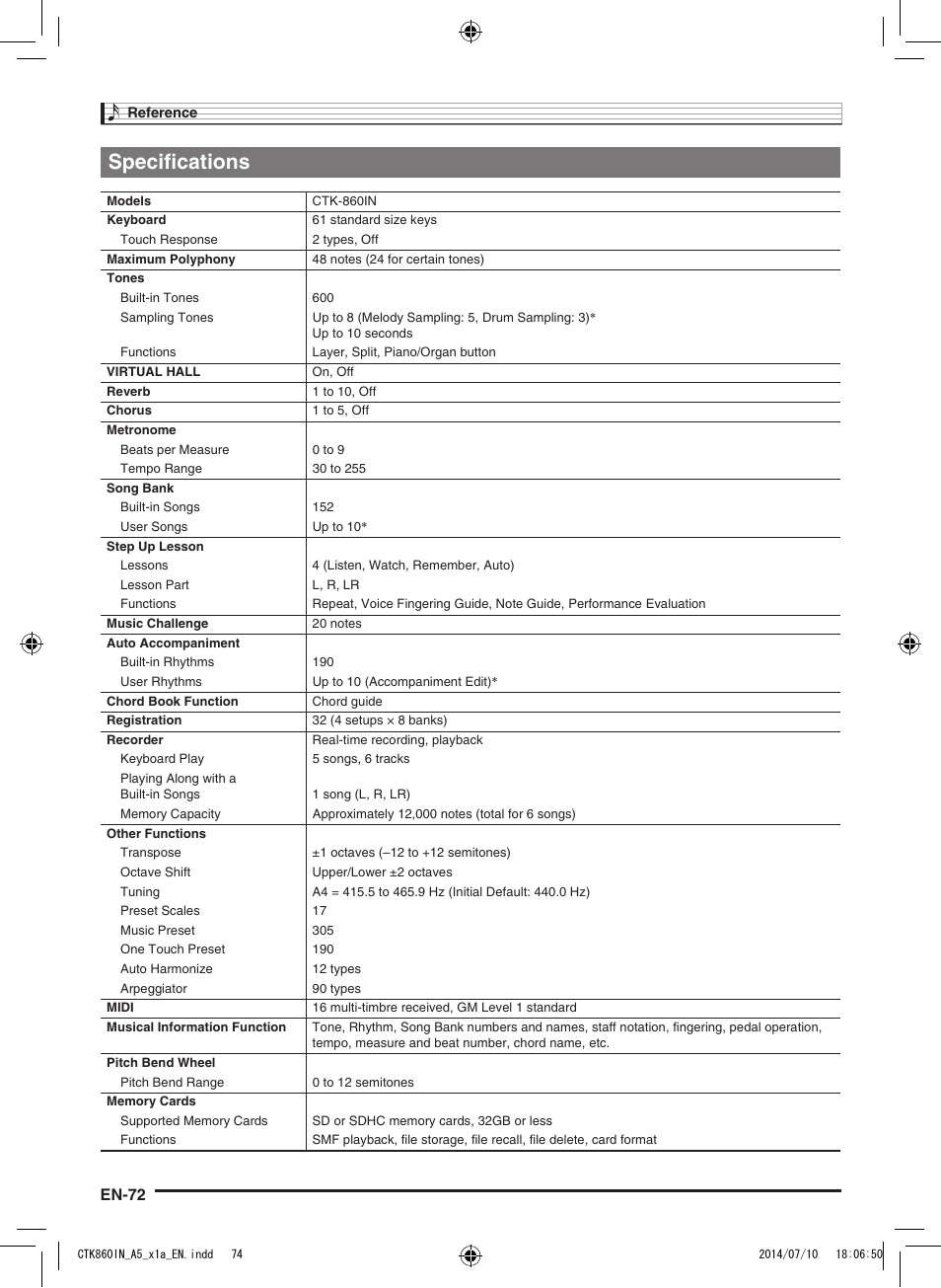 Specifications, En-72 | Casio CTK-860IN User Manual | Page 73 / 82