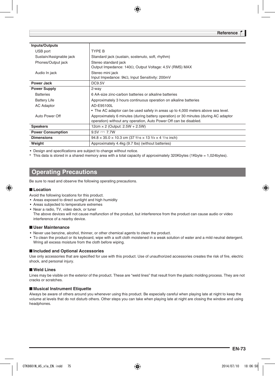Operating precautions, En-73 | Casio CTK-860IN User Manual | Page 74 / 82