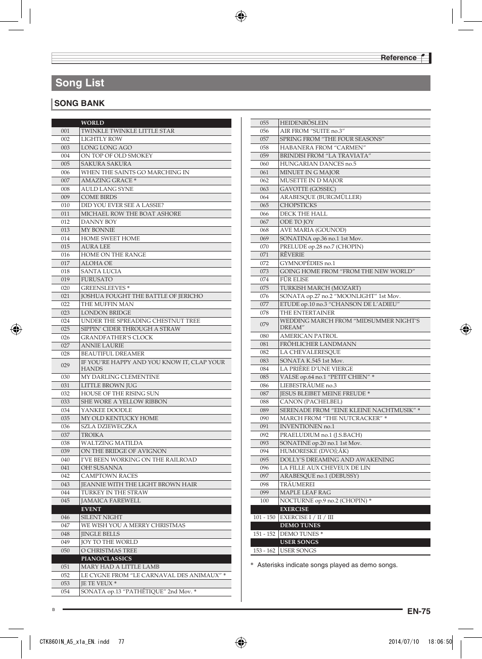 Song list, En-75, Song bank | Reference | Casio CTK-860IN User Manual | Page 76 / 82