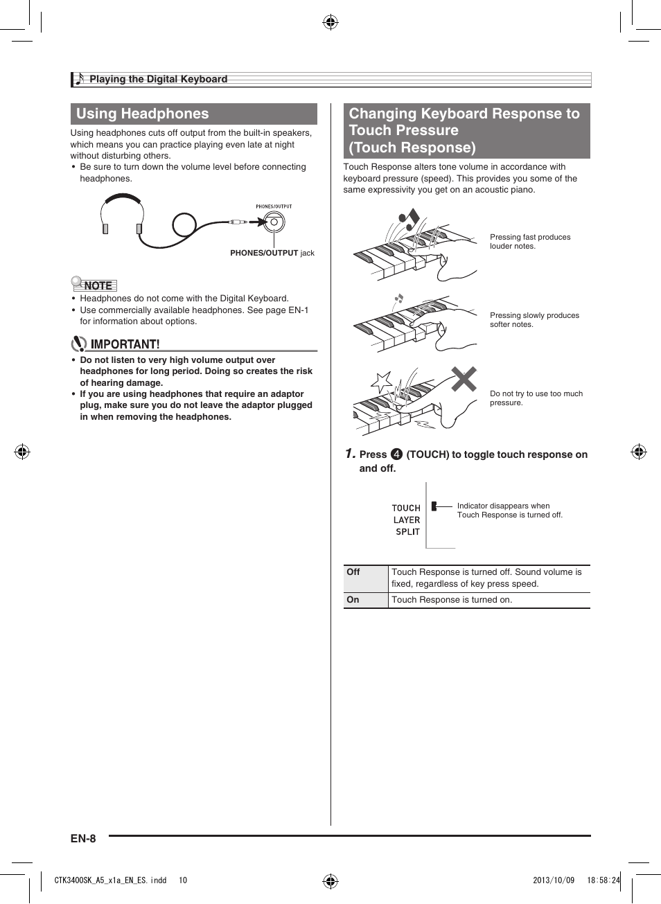 Using headphones | Casio CTK-3400 User Manual | Page 10 / 37