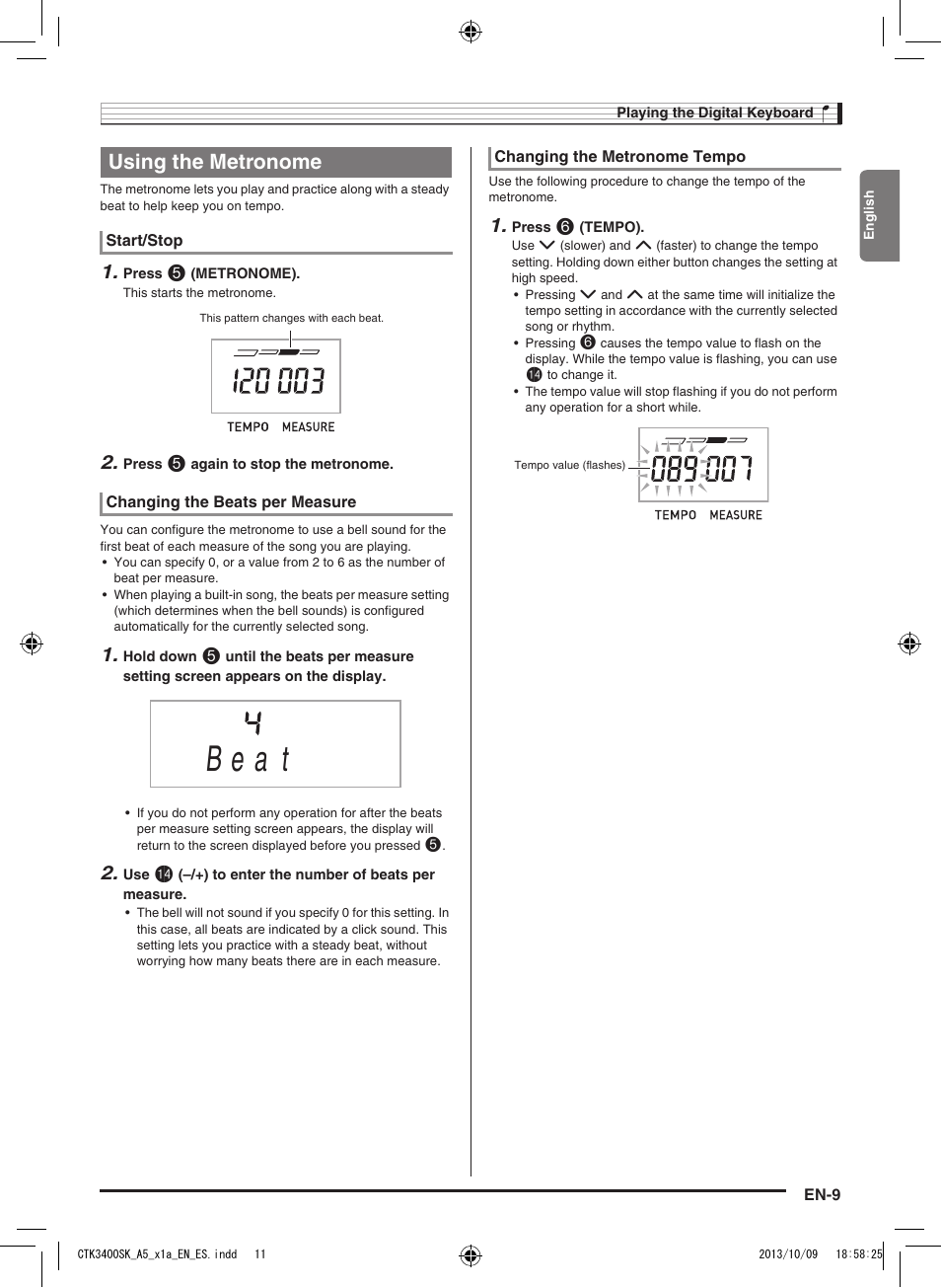 B e a t, Using the metronome | Casio CTK-3400 User Manual | Page 11 / 37