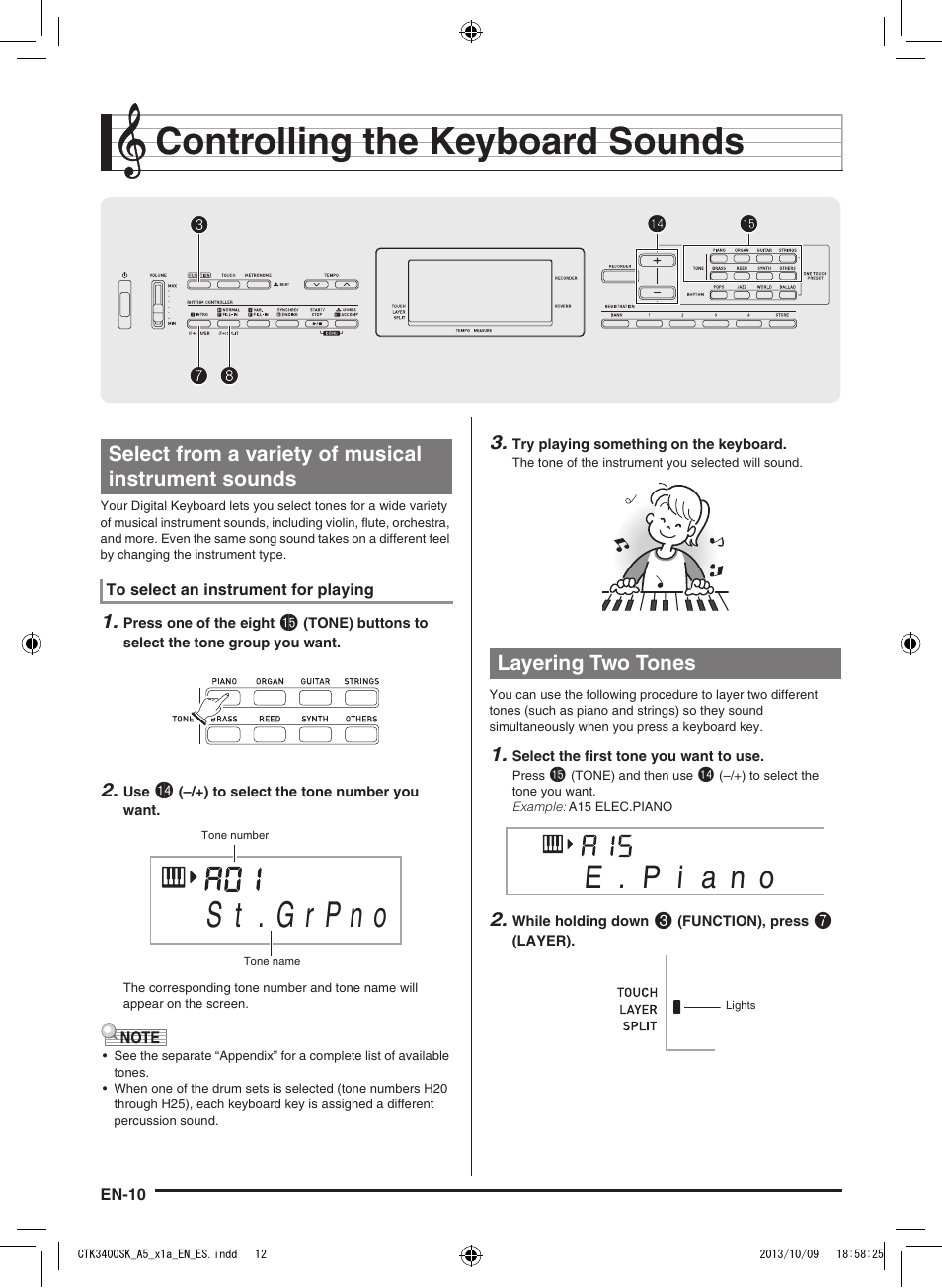 Controlling the keyboard sounds, Select from a variety of musical instrument sounds, Layering two tones | Casio CTK-3400 User Manual | Page 12 / 37