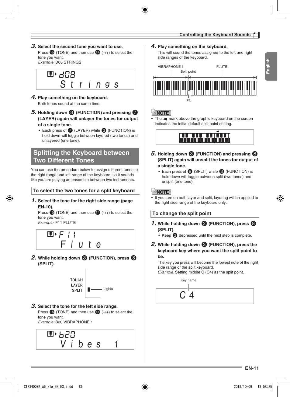 Splitting the keyboard between two different tones | Casio CTK-3400 User Manual | Page 13 / 37