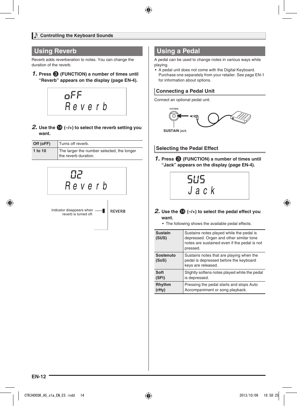 J a c k, Using reverb, Using a pedal | Casio CTK-3400 User Manual | Page 14 / 37