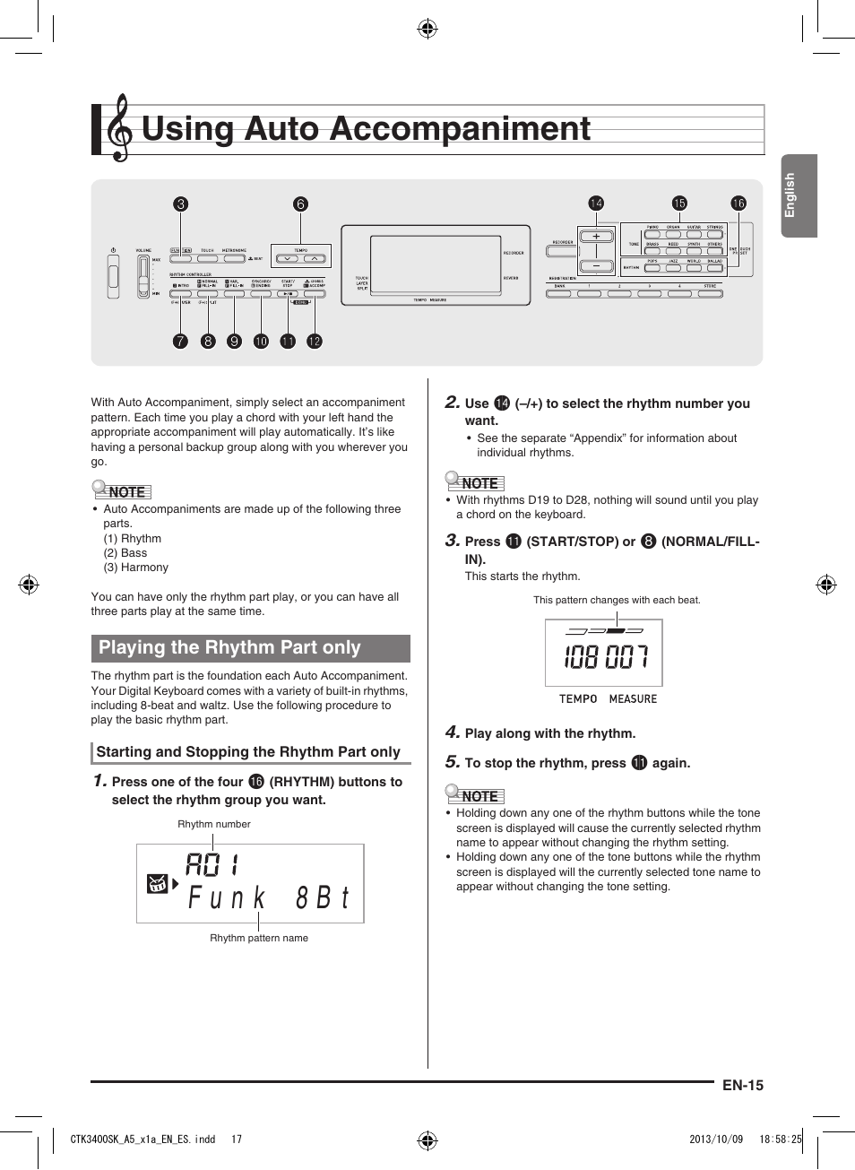 Using auto accompaniment, Playing the rhythm part only | Casio CTK-3400 User Manual | Page 17 / 37