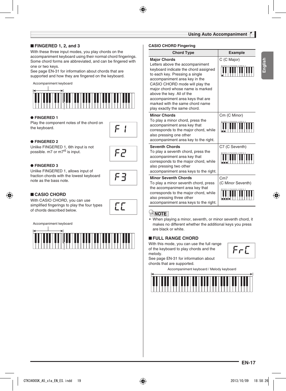 En-17, Using auto accompaniment, Fingered 1, 2, and 3 | Casio chord, Full range chord, English, Accompaniment keyboard, Accompaniment keyboard / melody keyboard | Casio CTK-3400 User Manual | Page 19 / 37