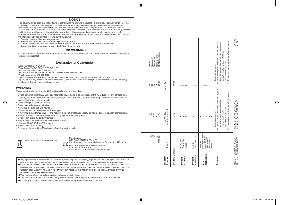 Important, Notice, Fcc warning | Declaration of conformity | Casio CTK-3400 User Manual | Page 2 / 37
