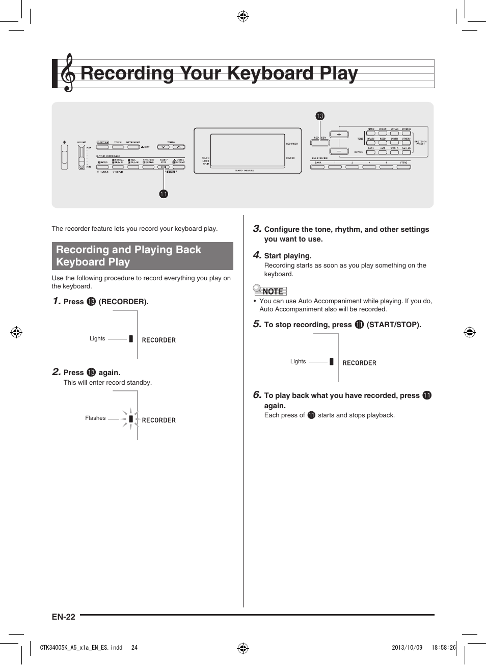 Recording your keyboard play, Bl bn bn, Recording and playing back keyboard play | Casio CTK-3400 User Manual | Page 24 / 37
