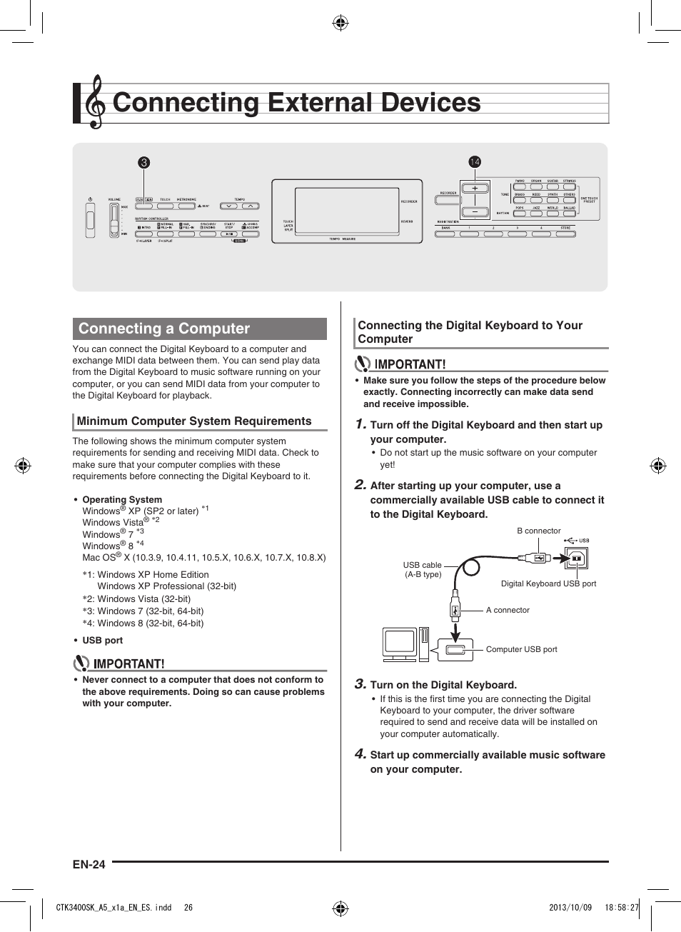 Connecting external devices, 3bo bo, Connecting a computer | Casio CTK-3400 User Manual | Page 26 / 37