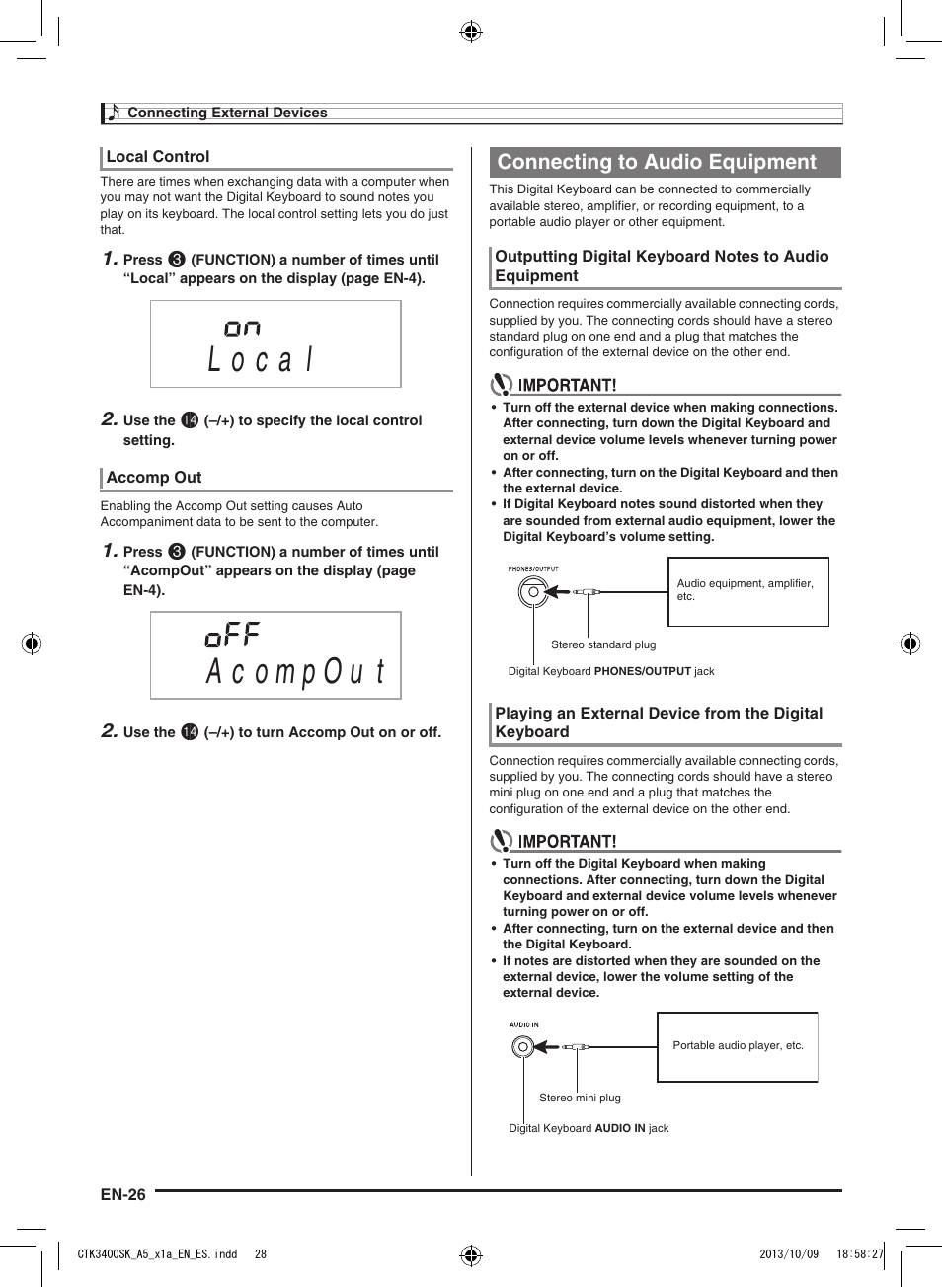Connecting to audio equipment | Casio CTK-3400 User Manual | Page 28 / 37