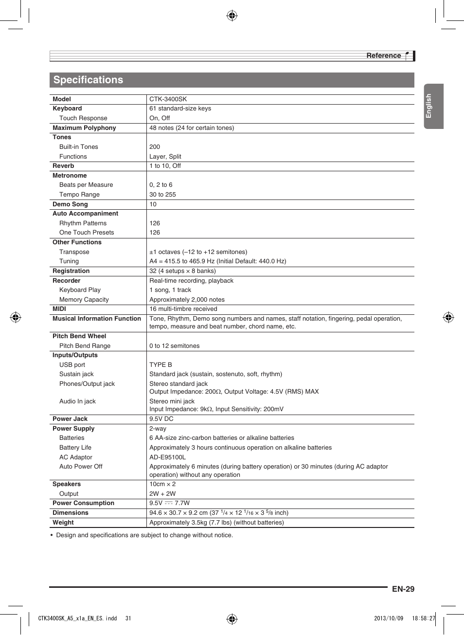 Specifications, En-29 | Casio CTK-3400 User Manual | Page 31 / 37
