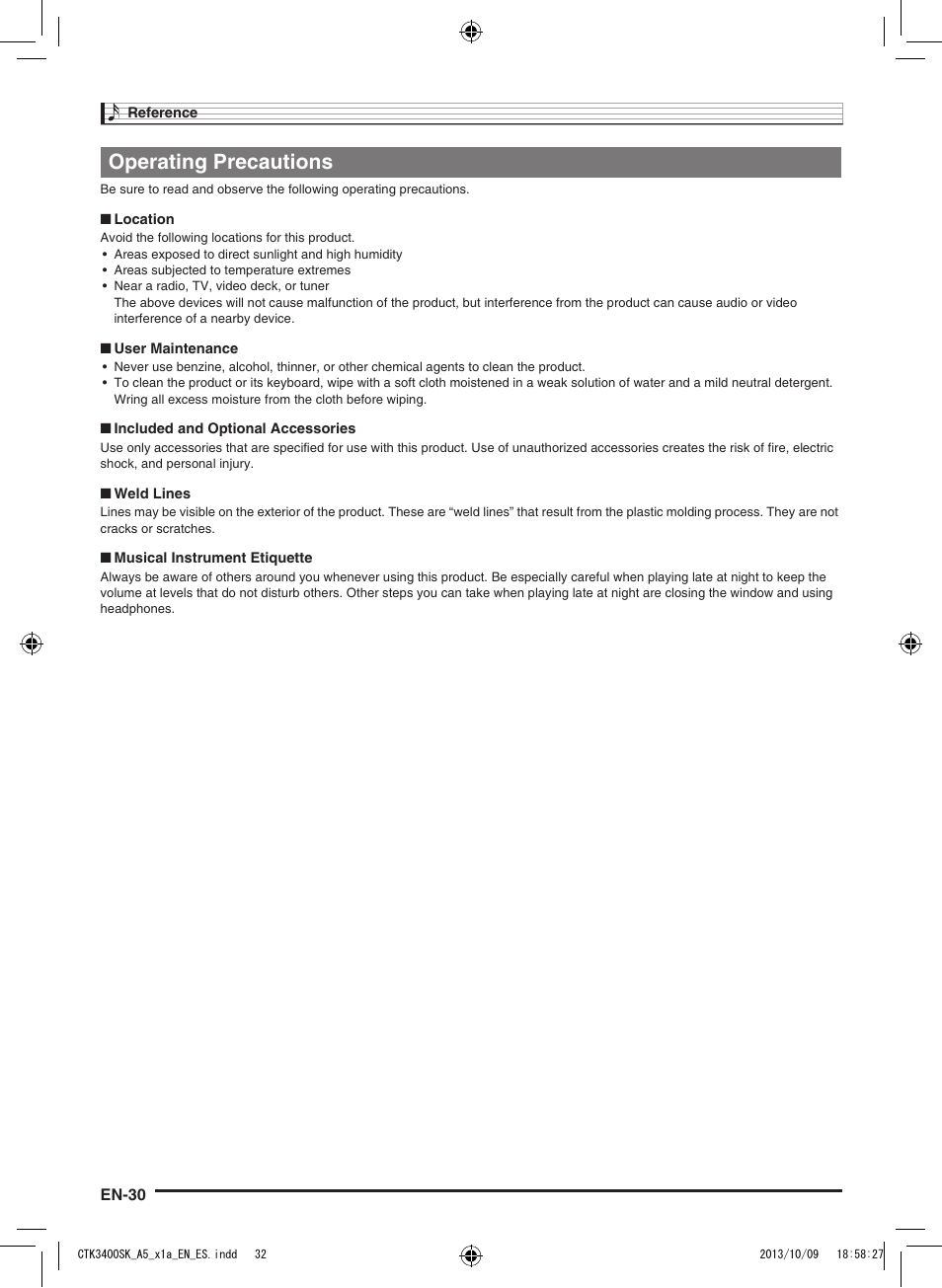 Operating precautions | Casio CTK-3400 User Manual | Page 32 / 37