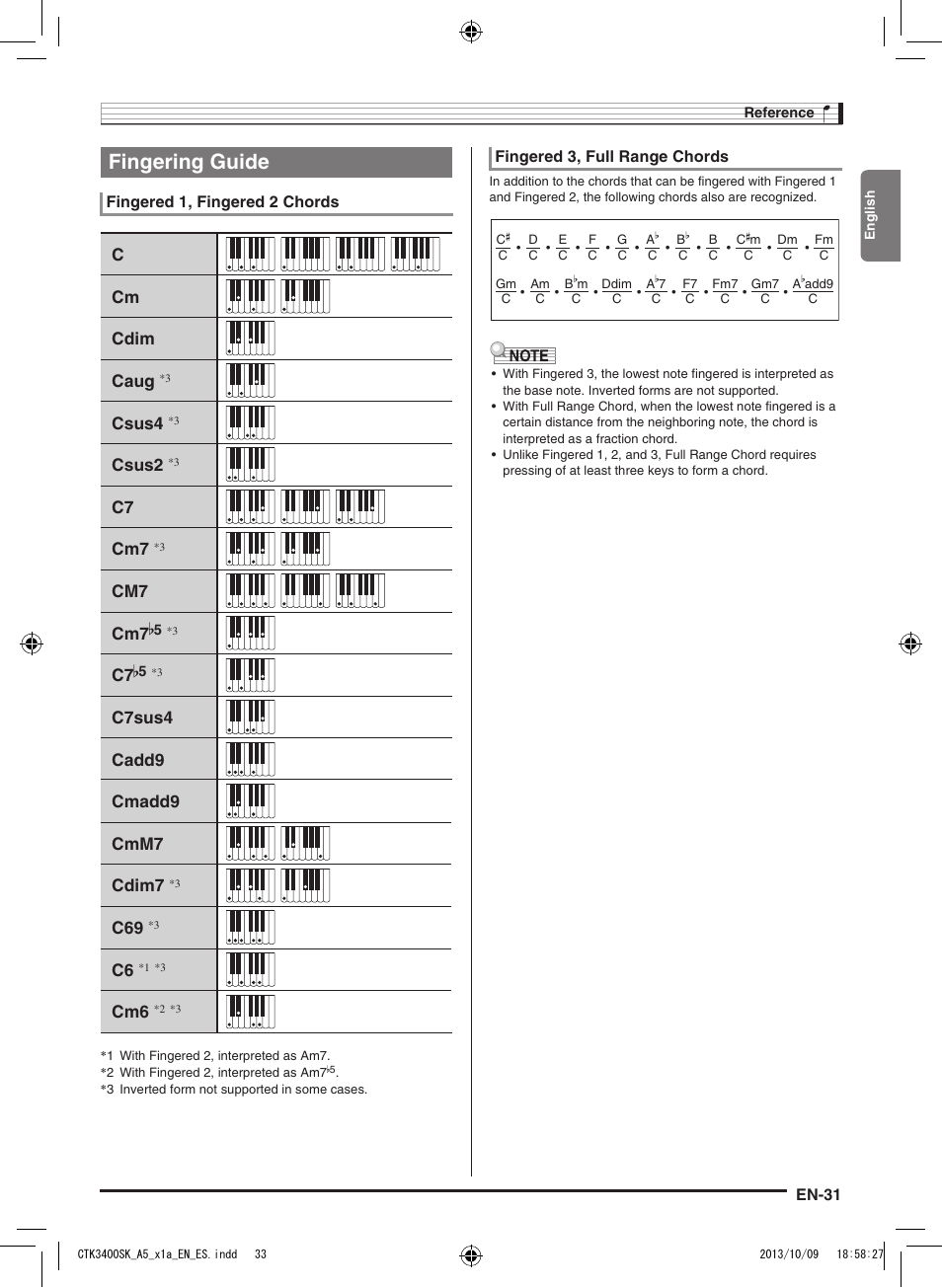 Fingering guide, Ccm cdim caug, Csus4 | Csus2, C7 cmadd9 cmm7 cdim7, Cm7 cm7, C7sus4 cadd9 c7, En-31, Fingered 1, fingered 2 chords, Fingered 3, full range chords | Casio CTK-3400 User Manual | Page 33 / 37