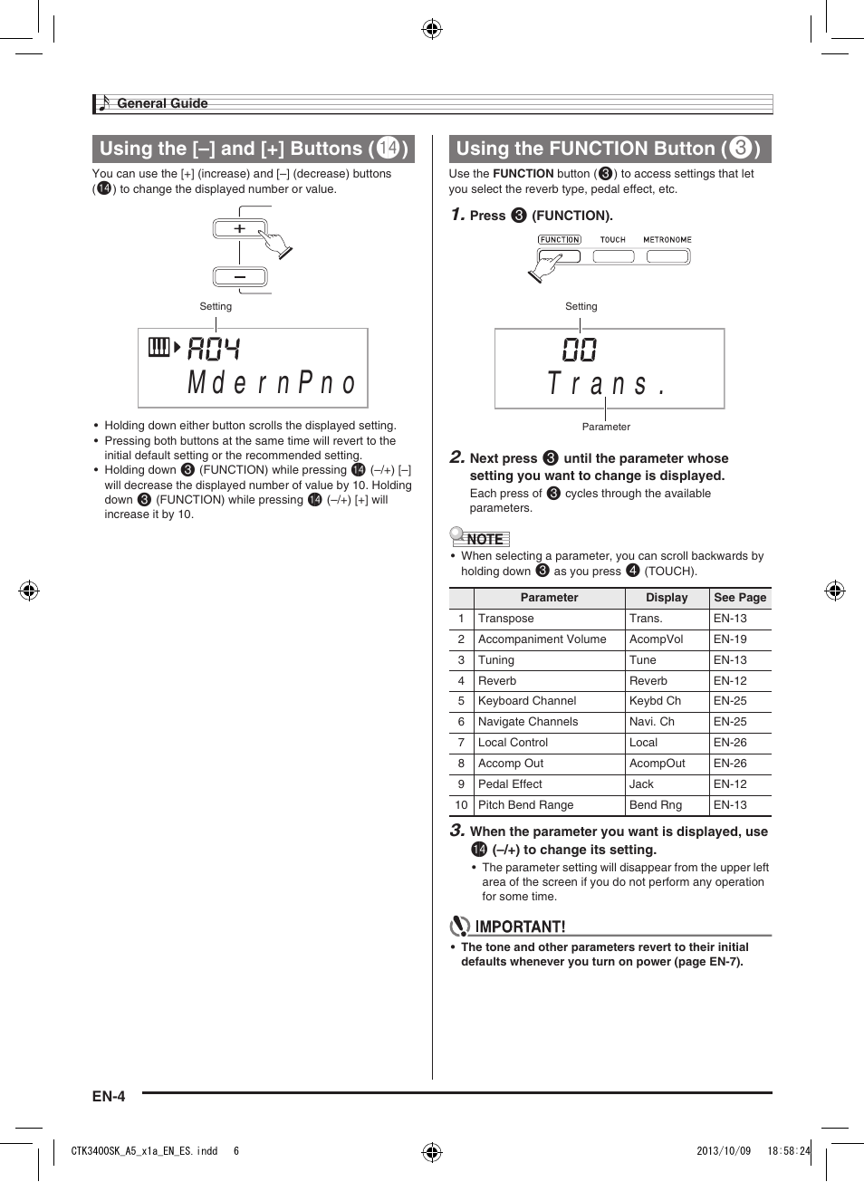 Using the [–] and [+] buttons, Using the function button | Casio CTK-3400 User Manual | Page 6 / 37