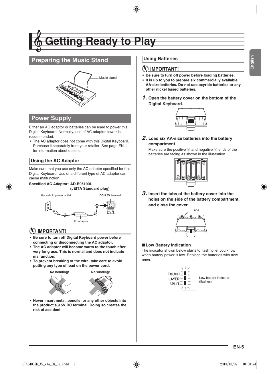 Getting ready to play, Preparing the music stand power supply | Casio CTK-3400 User Manual | Page 7 / 37