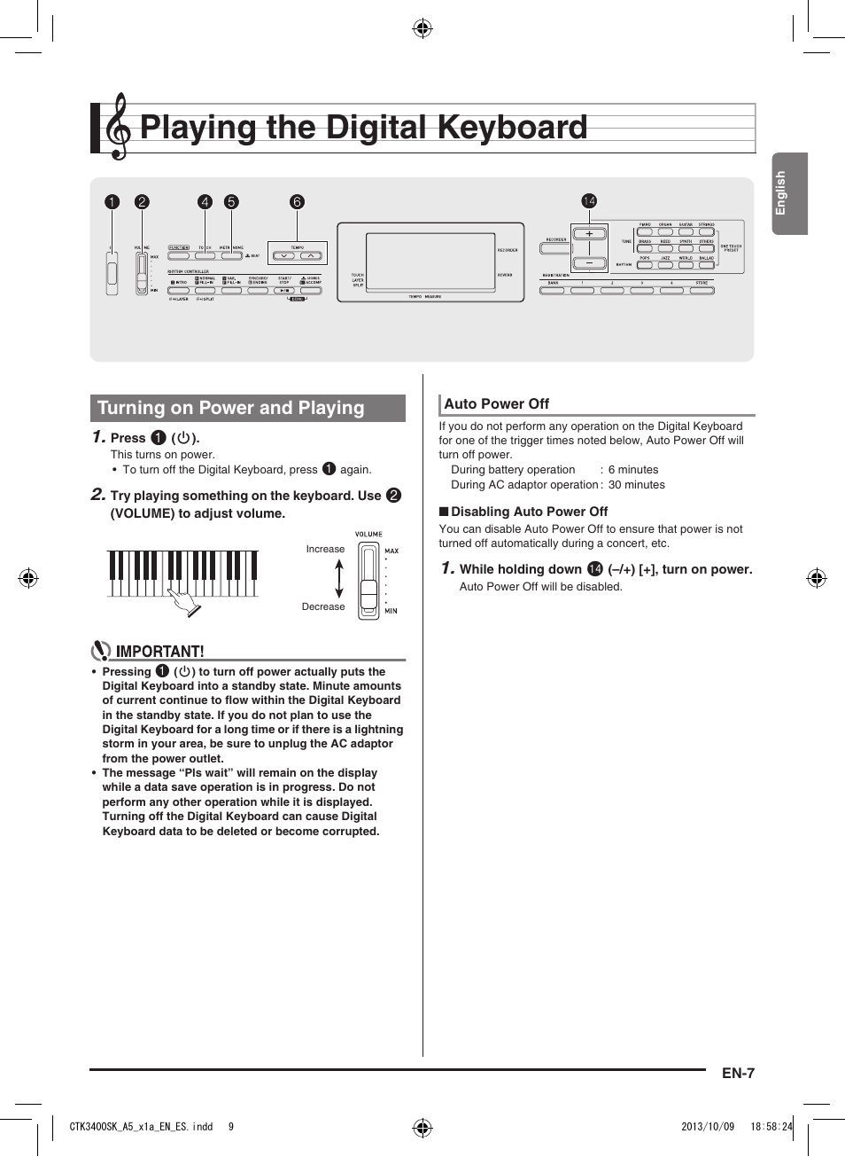 Playing the digital keyboard, Turning on power and playing | Casio CTK-3400 User Manual | Page 9 / 37