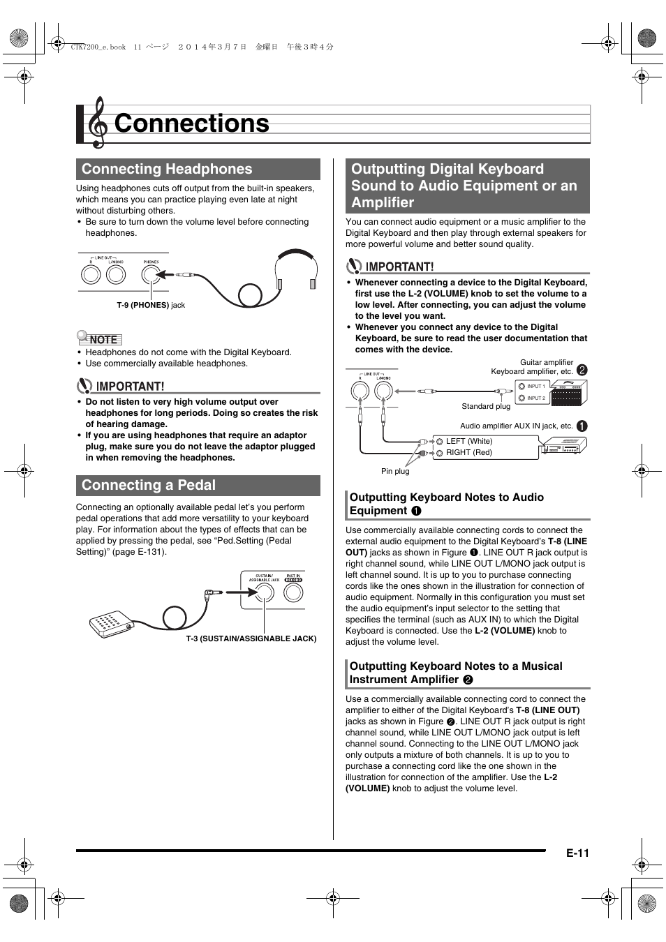 Connections, Connecting headphones connecting a pedal | Casio CTK-7200 User Manual | Page 13 / 169