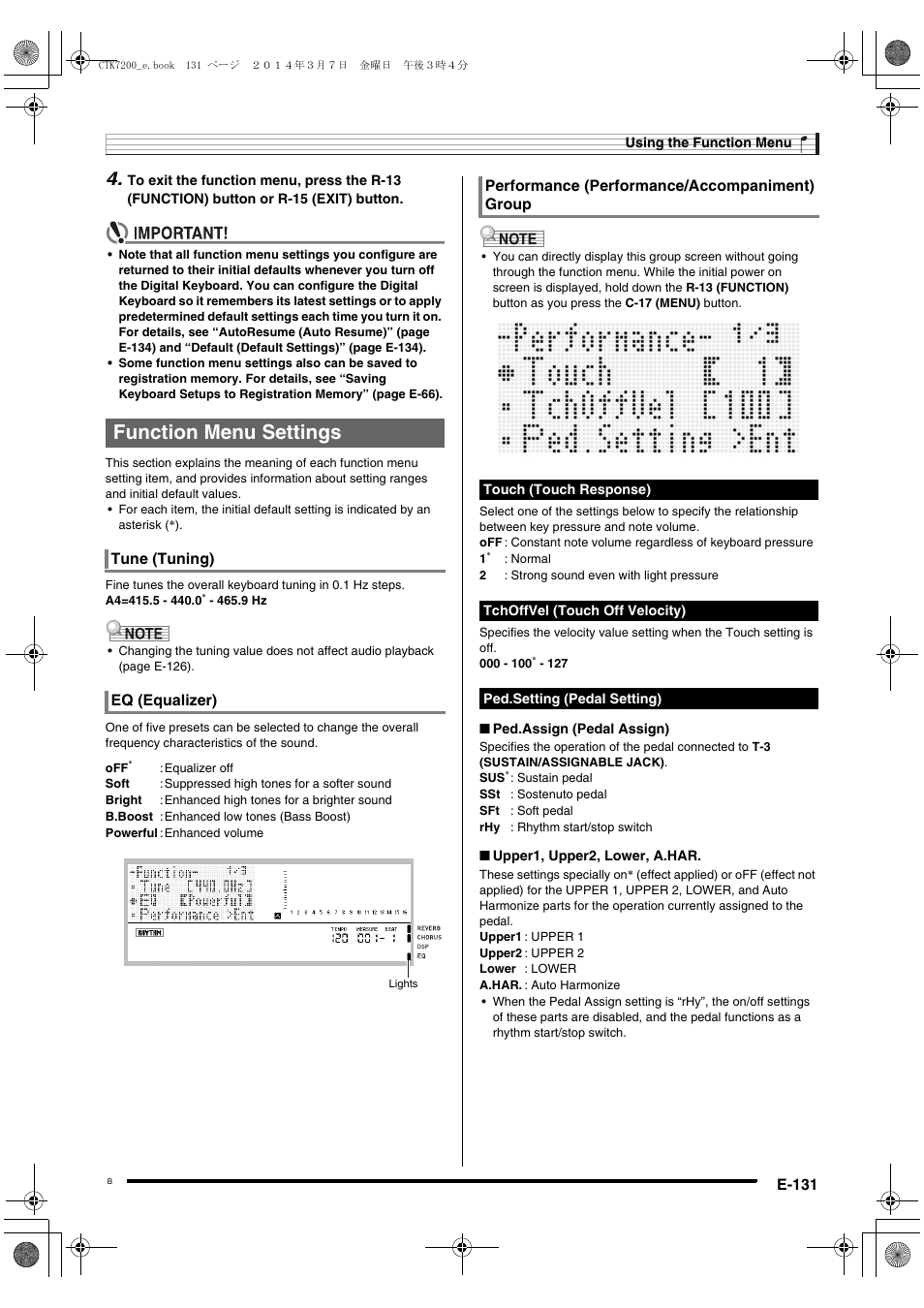 Function menu settings, E-131, Tune (tuning) eq (equalizer) | Performance (performance/accompaniment) group | Casio CTK-7200 User Manual | Page 133 / 169
