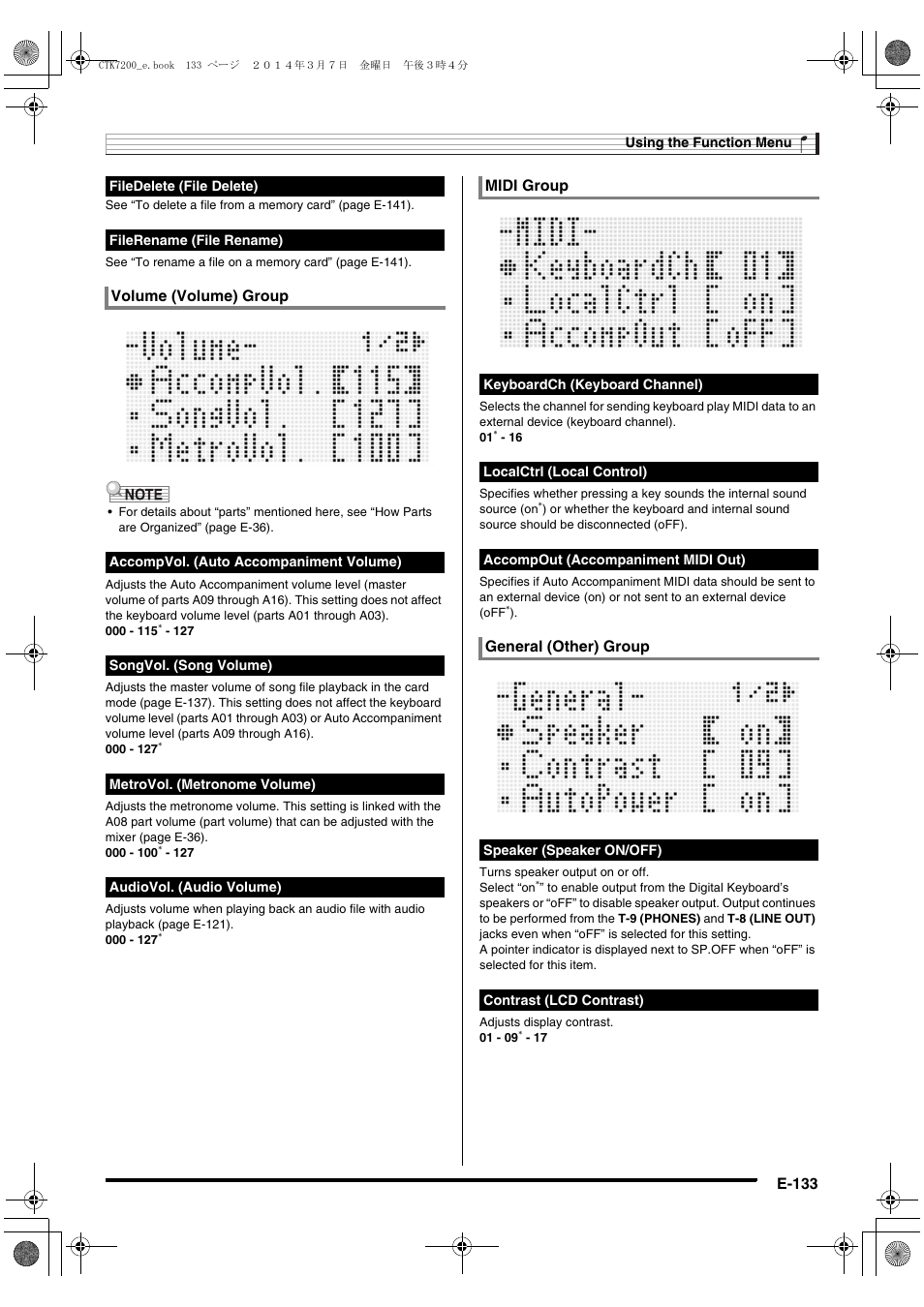 E-133, Volume (volume) group, Midi group | General (other) group | Casio CTK-7200 User Manual | Page 135 / 169
