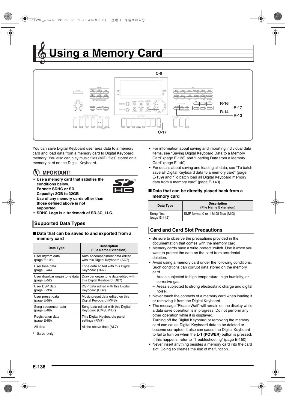 E-136, Supported data types, Card and card slot precautions | Casio CTK-7200 User Manual | Page 138 / 169