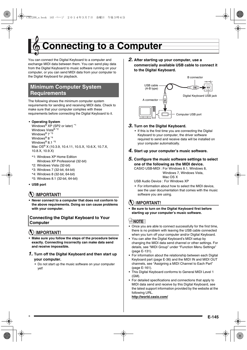 Connecting to a computer, Minimum computer system requirements, E-145 | Connecting the digital keyboard to your computer | Casio CTK-7200 User Manual | Page 147 / 169