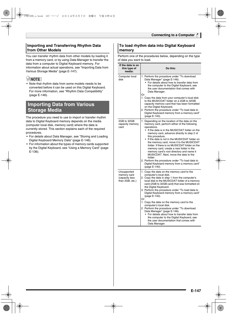 Importing data from various storage media, E-147 | Casio CTK-7200 User Manual | Page 149 / 169