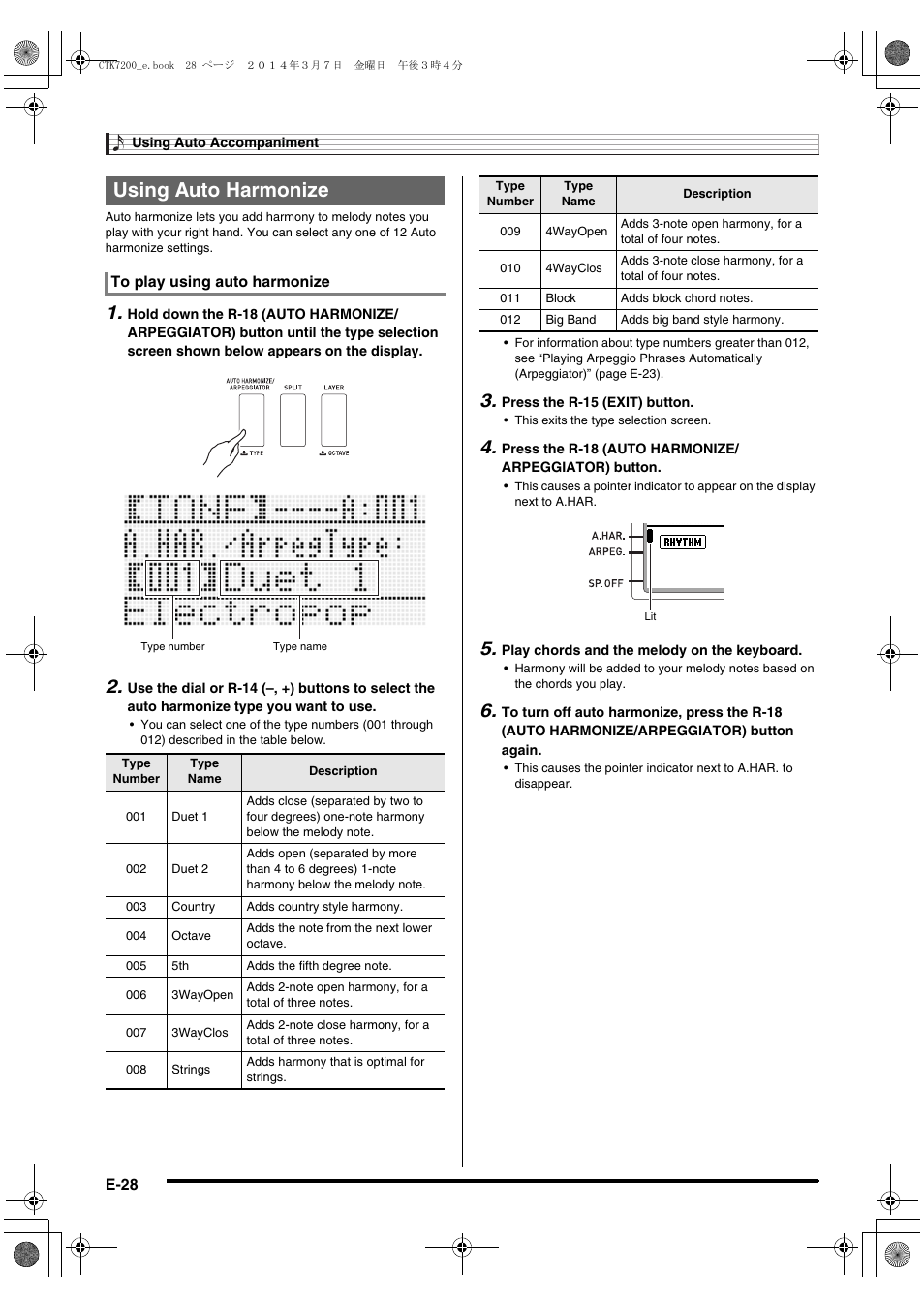 Using auto harmonize | Casio CTK-7200 User Manual | Page 30 / 169