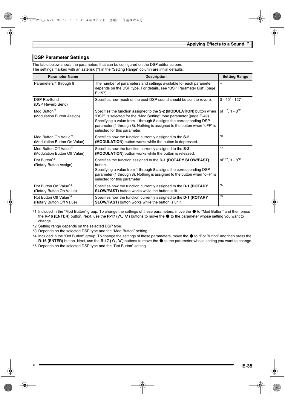 E-35, Dsp parameter settings | Casio CTK-7200 User Manual | Page 37 / 169