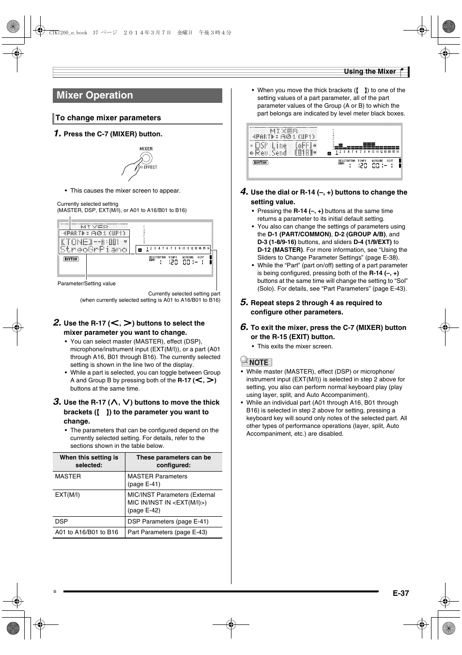 Mixer operation | Casio CTK-7200 User Manual | Page 39 / 169