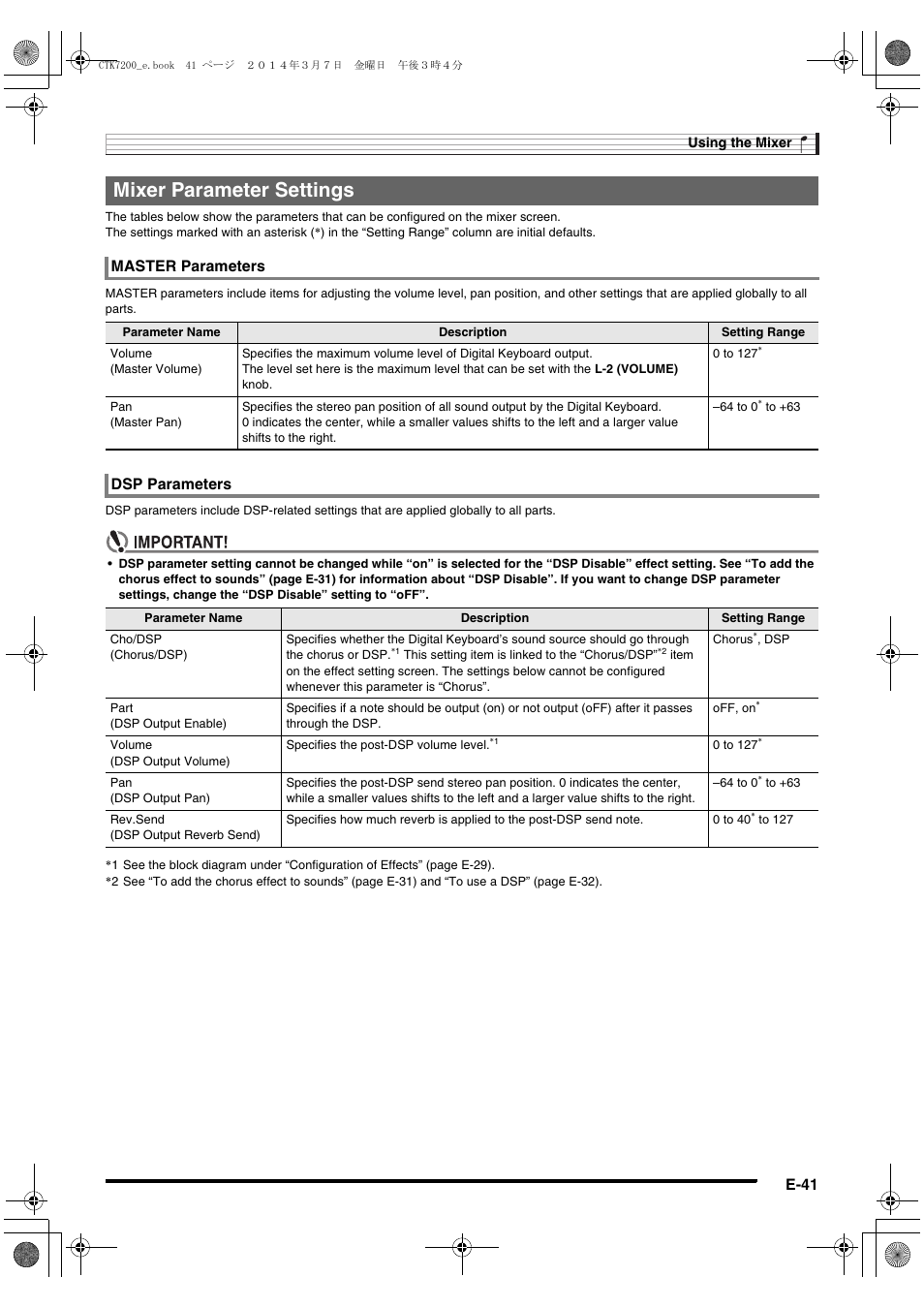 Mixer parameter settings, E-41, Master parameters | Dsp parameters | Casio CTK-7200 User Manual | Page 43 / 169